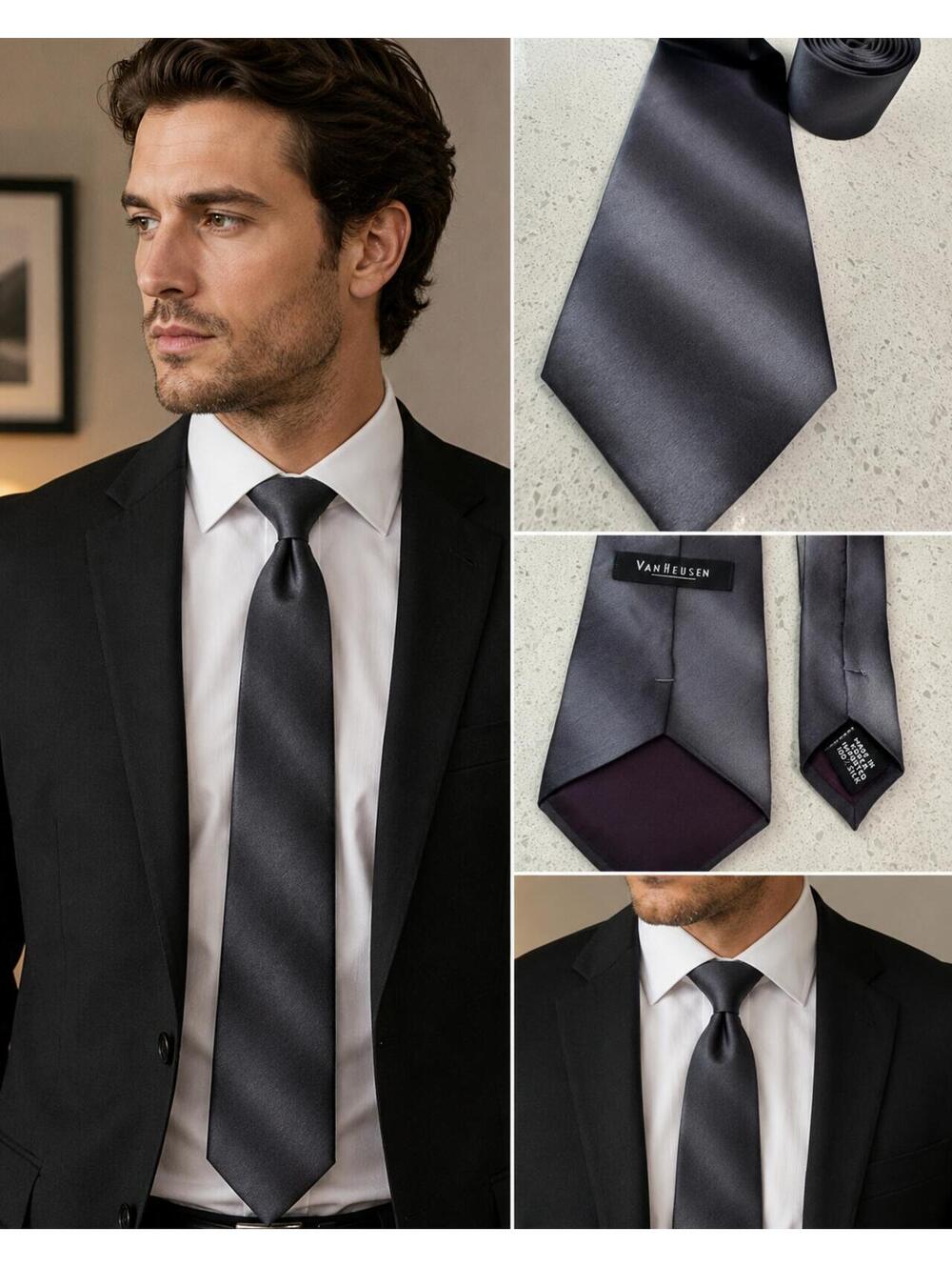 Van Heusen Men's Solid Charcoal Gray Silk Necktie
